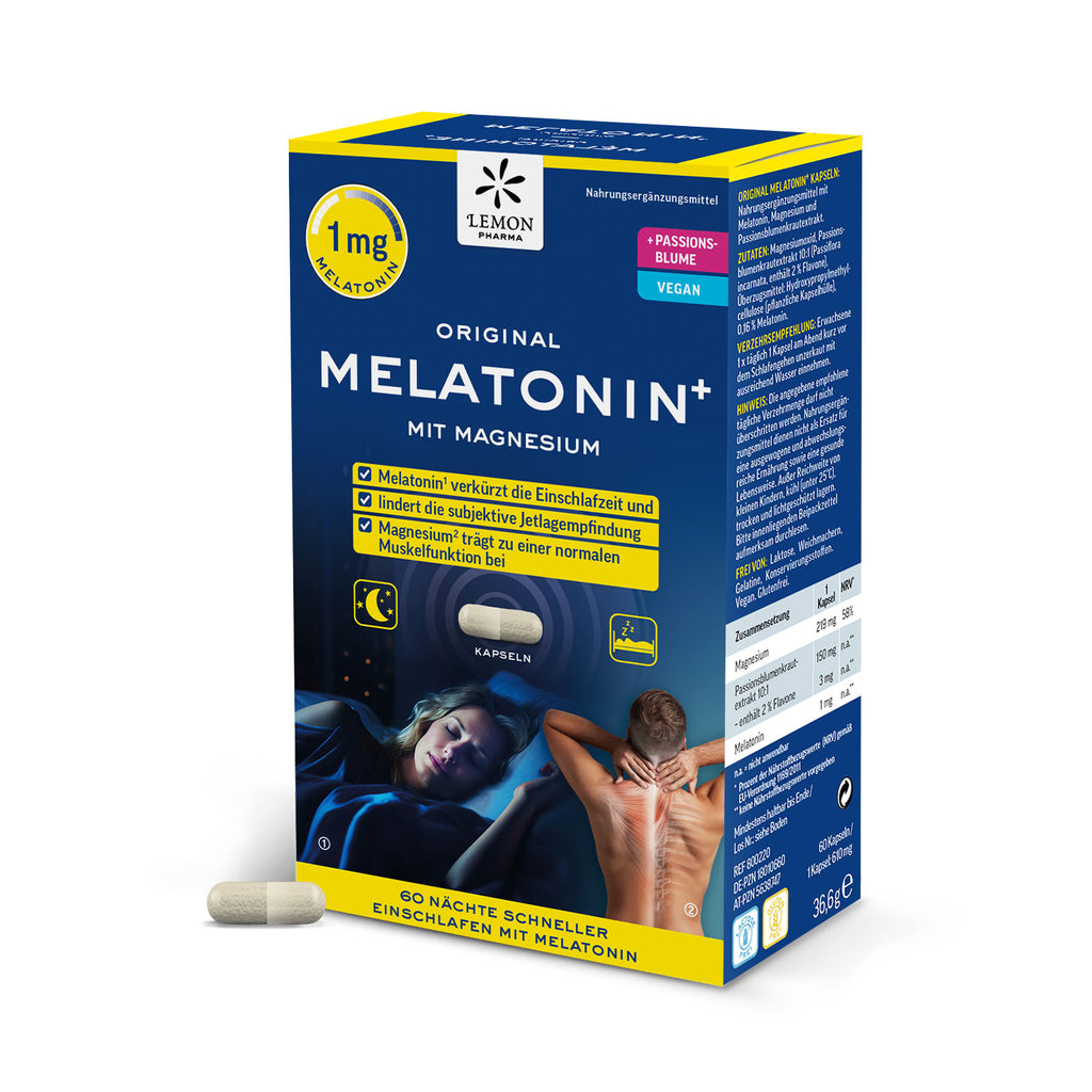 Melatonin Kapseln mit magnesium normale Muskelfunktion lindert subjektive Jetlagempfindung Lemon Pharma vegan passionsblume 1mg melatonin